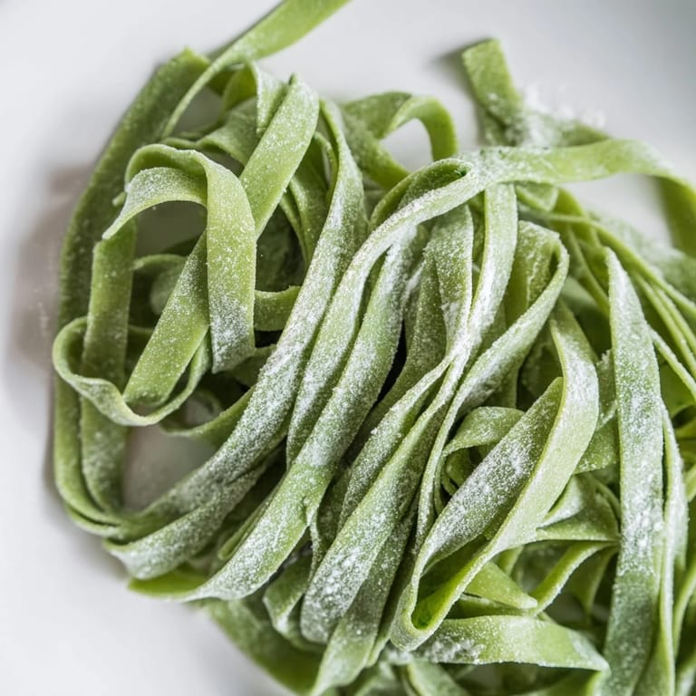 A finished plate of fettuccine made from spinach pasta dough, tossed with olive oil and cherry tomatoes for a simple weeknight meal.