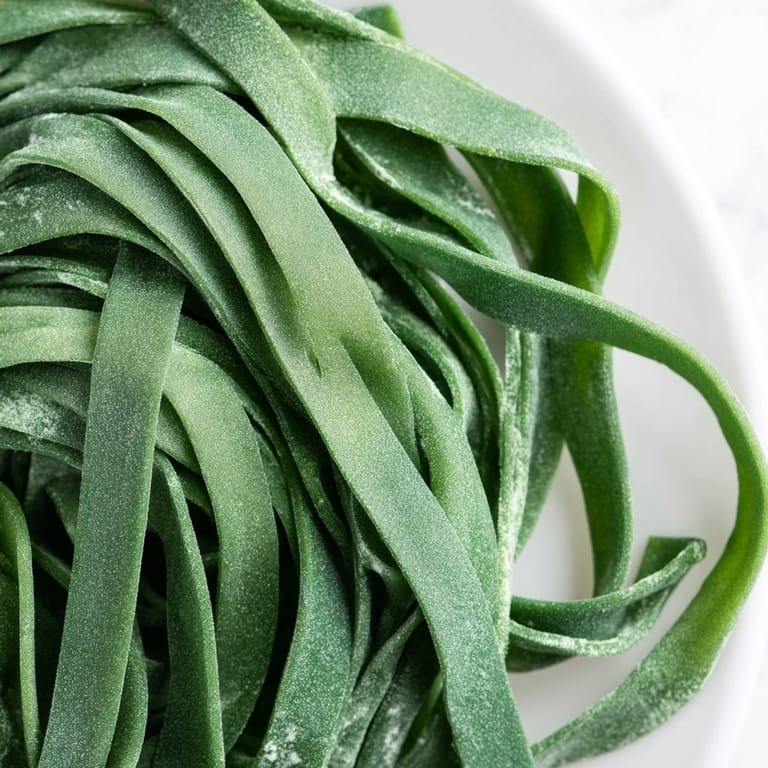 Raw spinach pasta dough shaped into ravioli on a floured surface, highlighting the bright green color and delicate homemade edges.