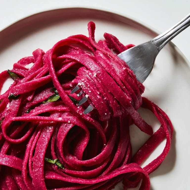 Tender beet noodle pasta tossed in olive oil and herbs, served on a white plate for a bright meal.