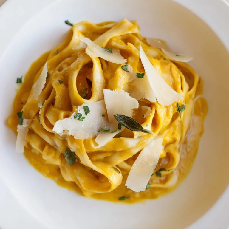 Cozy bowl of butternut squash pasta with creamy roasted sauce, perfect for a plant-based fall meal.