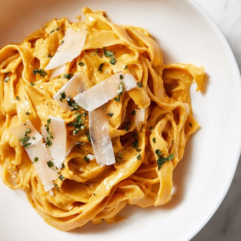 A close-up of butternut squash pasta twirled on a fork, showcasing the rich, orange sauce.  