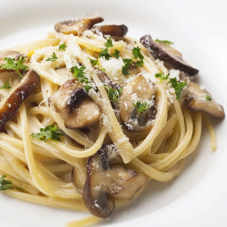 A rustic skillet of creamy mushroom linguine rests beside a glass of white wine, showcasing savory mushrooms in light cream.