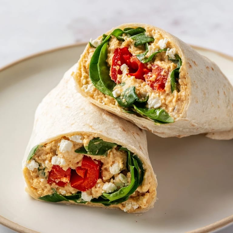 A diagonal slice of a fresh Mediterranean Veggie Wrap shows its colorful vegetarian filling, perfect for an easy, healthy, and quick lunch or dinner option.