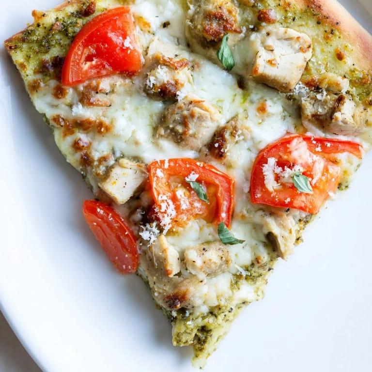 Vibrant slice of Chicken Pesto Pizza featuring thin crust, colorful tomatoes, and fresh basil leaves for garnish.