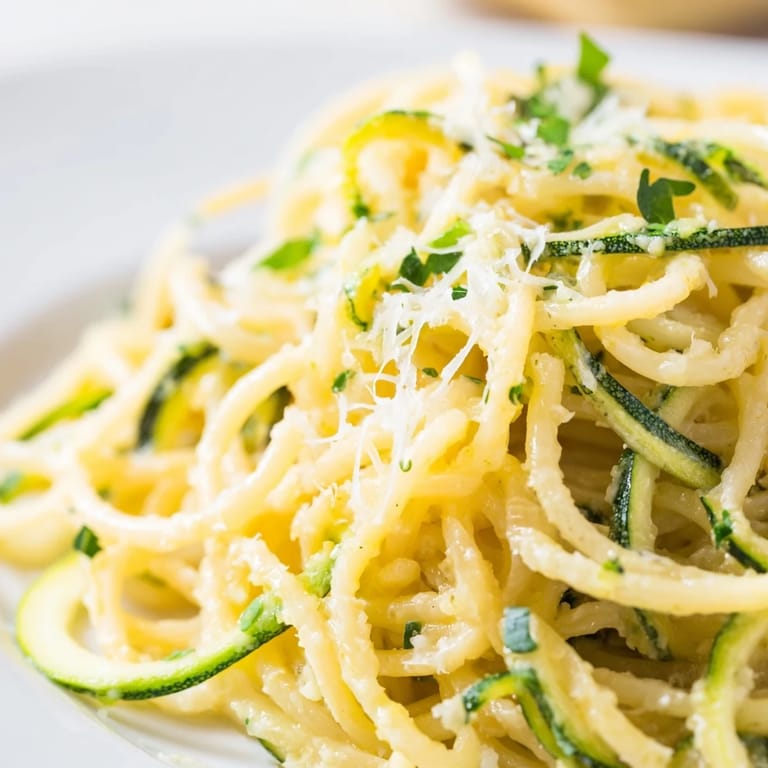 Vibrant bowl of Lemon Zucchini Pasta tossed in a buttery lemon sauce, with garlic and red pepper flakes for a quick meal.  