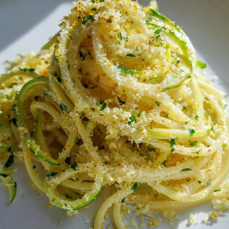 Serving of warm Lemon Zucchini Pasta topped with fresh parsley and Parmesan, accompanied by lemon wedges on a rustic table.