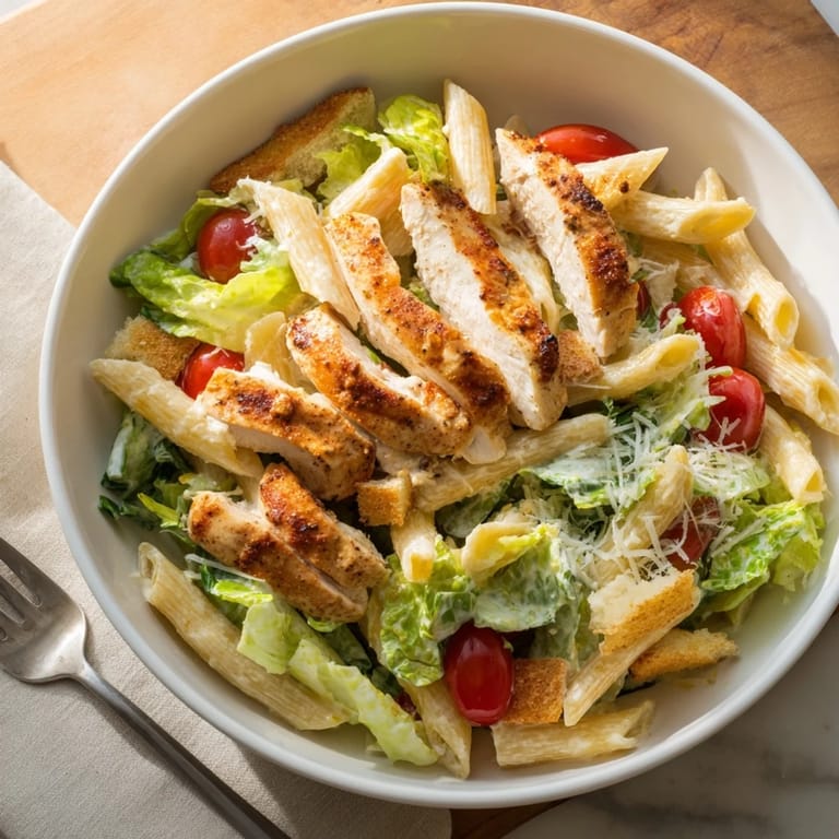 A vibrant bowl of Spicy Chicken Caesar Pasta garnished with parsley, croutons, and grated Parmesan cheese.