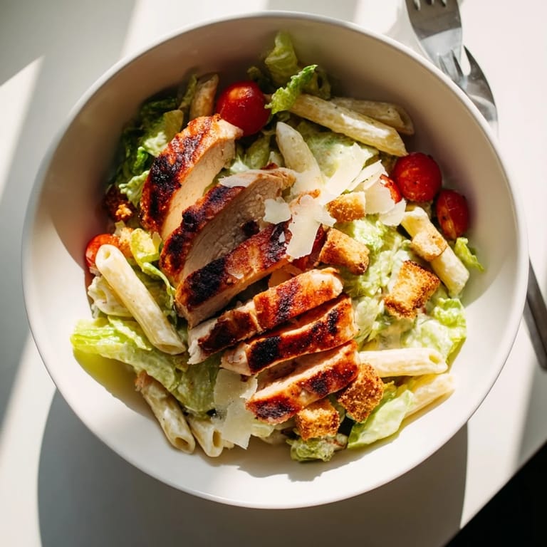 Hearty Spicy Chicken Caesar Pasta served with lemon wedges, showcasing golden pasta, crisp greens, and melted cheese.