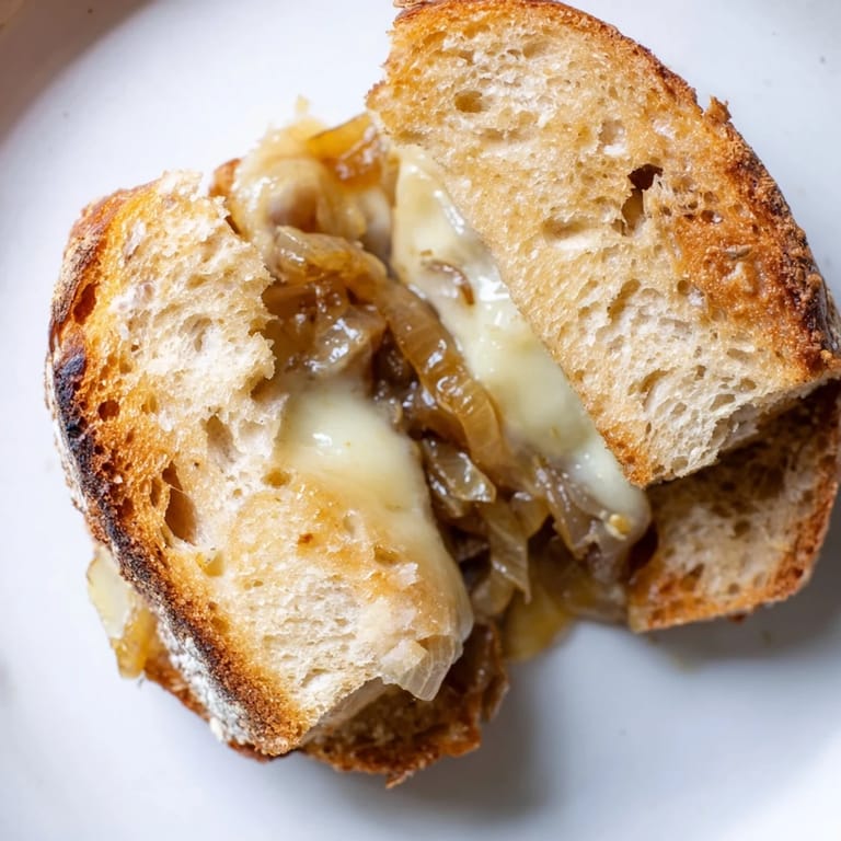 Two halves of a Caramelized Onion & Gruyère Grilled Cheese served beside a fresh salad.