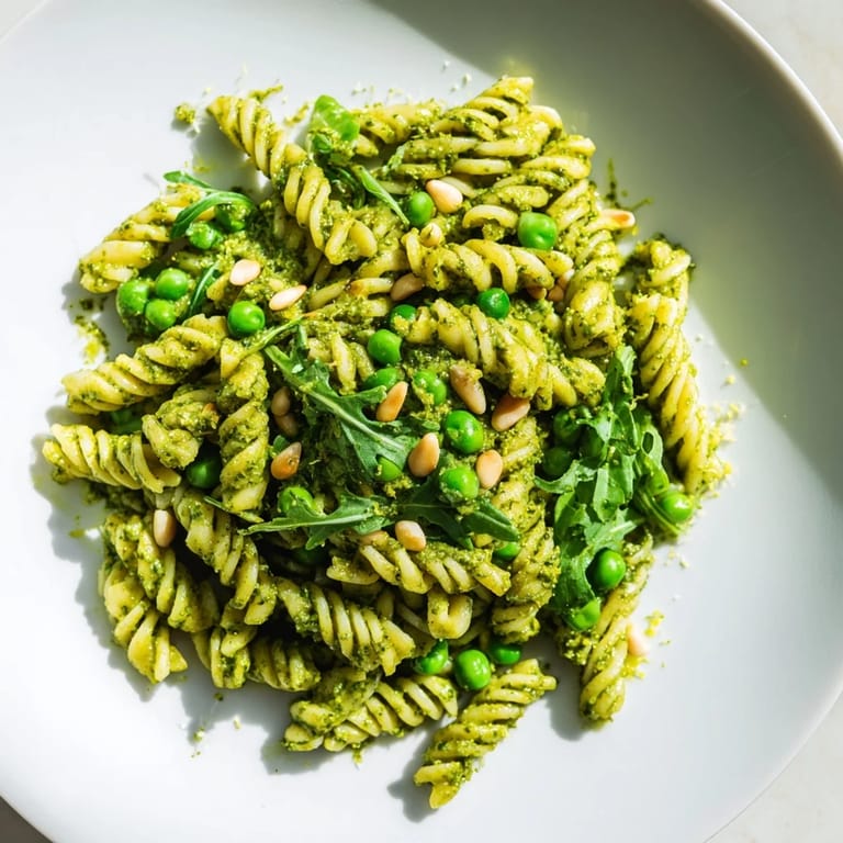 This Spring Green Pesto Pasta Salad showcases al dente pasta coated in creamy pesto, with sweet peas and peppery arugula for a refreshing bite.