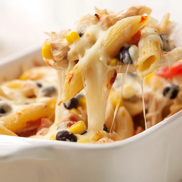 Warm slice of Chicken Burrito Pasta Bake reveals tender chicken, black beans, and melty cheese in every bite.