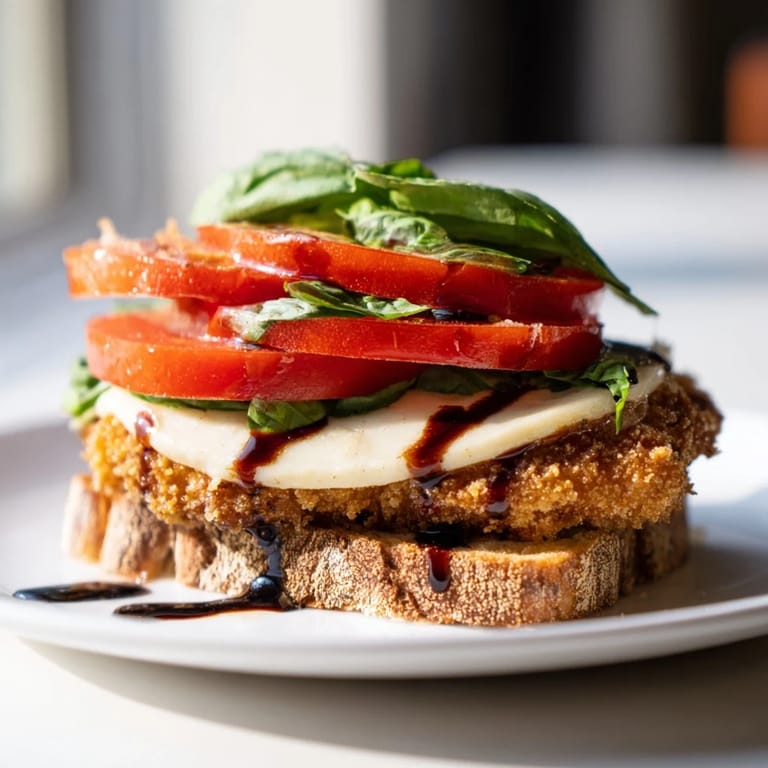 The Crispy Chicken Caprese Sandwich is served hot with a drizzle of balsamic glaze over melted mozzarella and golden chicken.
