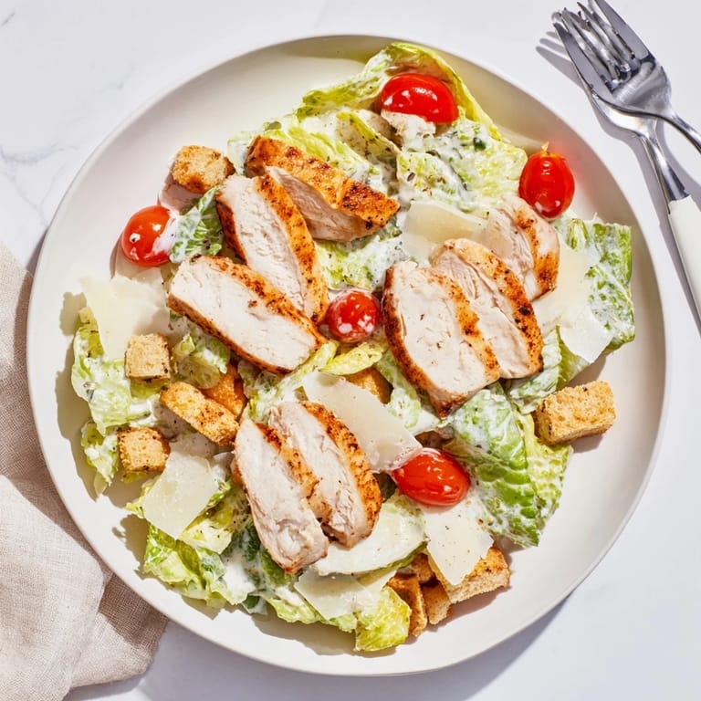 Chopped romaine lettuce, halved cherry tomatoes, and croutons topped with shaved Parmesan and juicy grilled chicken in a colorful Yogurt Caesar Grilled Chicken Salad.