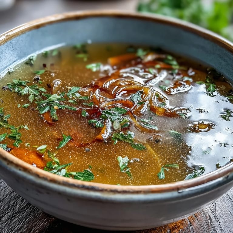 Golden vegetable broth from scraps being poured into a glass jar with parsley garnish