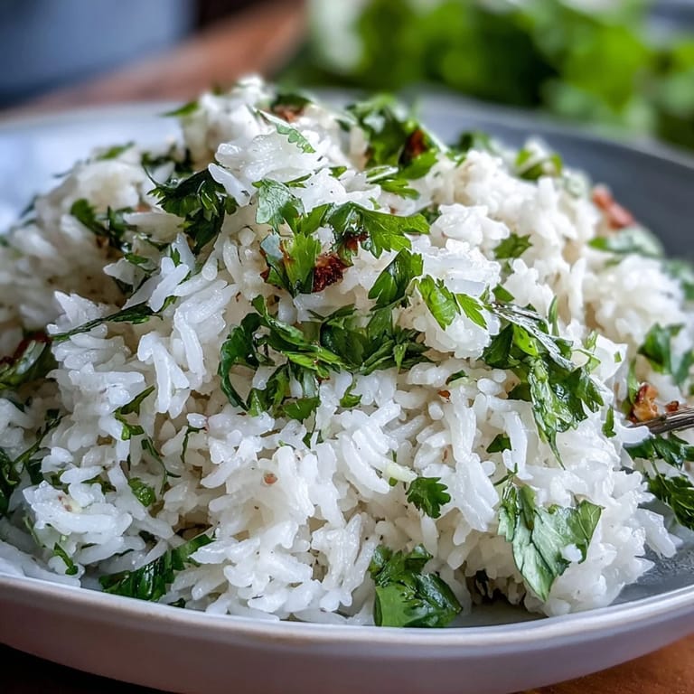 Warm Cilantro Lime Rice piled high, flecked with bright green herbs and citrus zest for serving.
