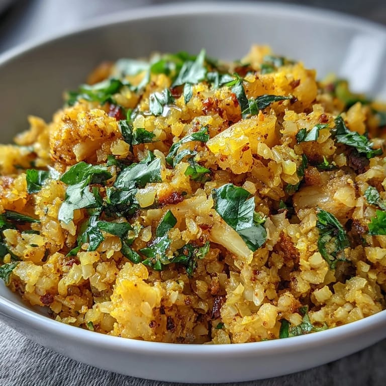 A vibrant bowl of turmeric cauliflower rice garnished with cilantro and lemon, ready to serve alongside grilled chicken.