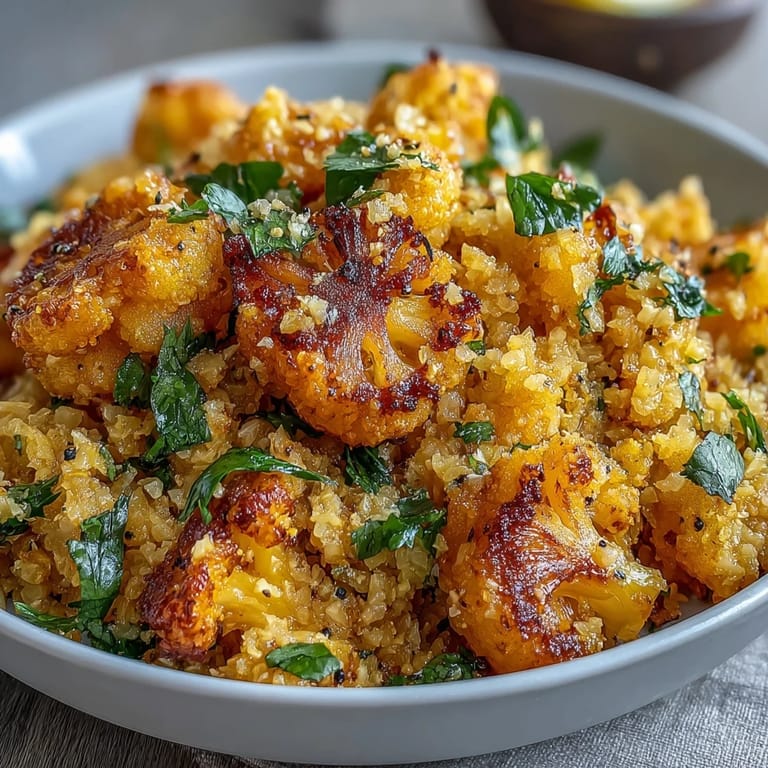 Close-up view of fluffy turmeric cauliflower rice seasoned with cumin and pepper, highlighting its bright golden color.