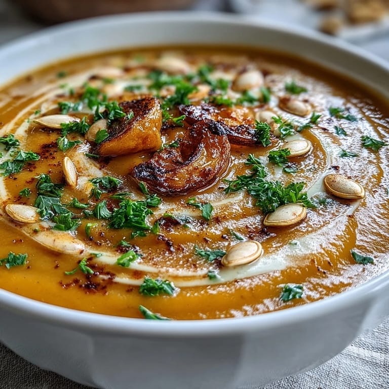 Silky smooth Butternut Squash and Apple Soup in a white ceramic bowl, topped with fresh parsley and a sprinkle of nutmeg.
