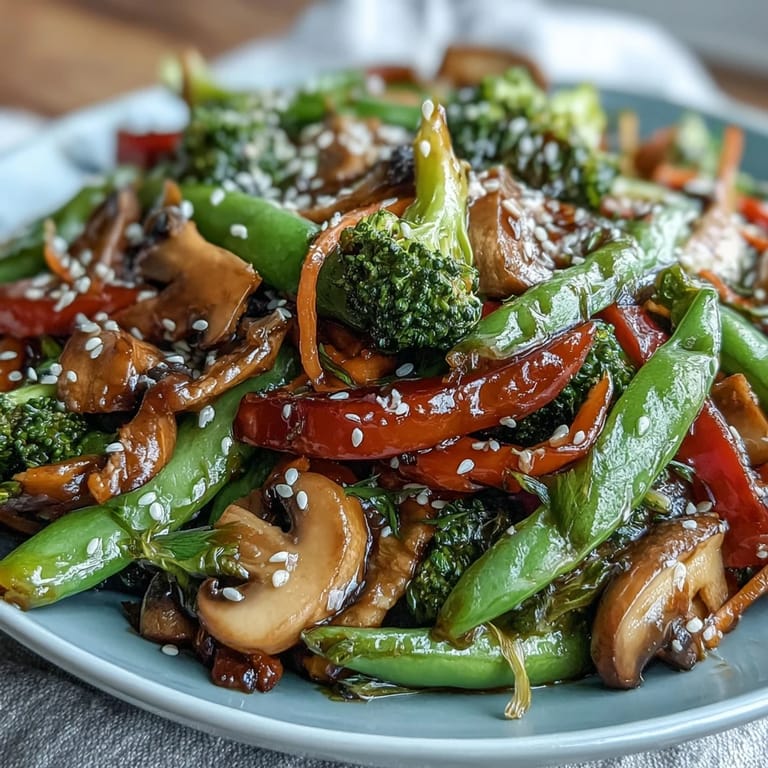 A close-up of Ginger Stir-Fried Vegetables shows toasted sesame seeds and green onions sprinkled over the steaming, healthy vegan main dish.