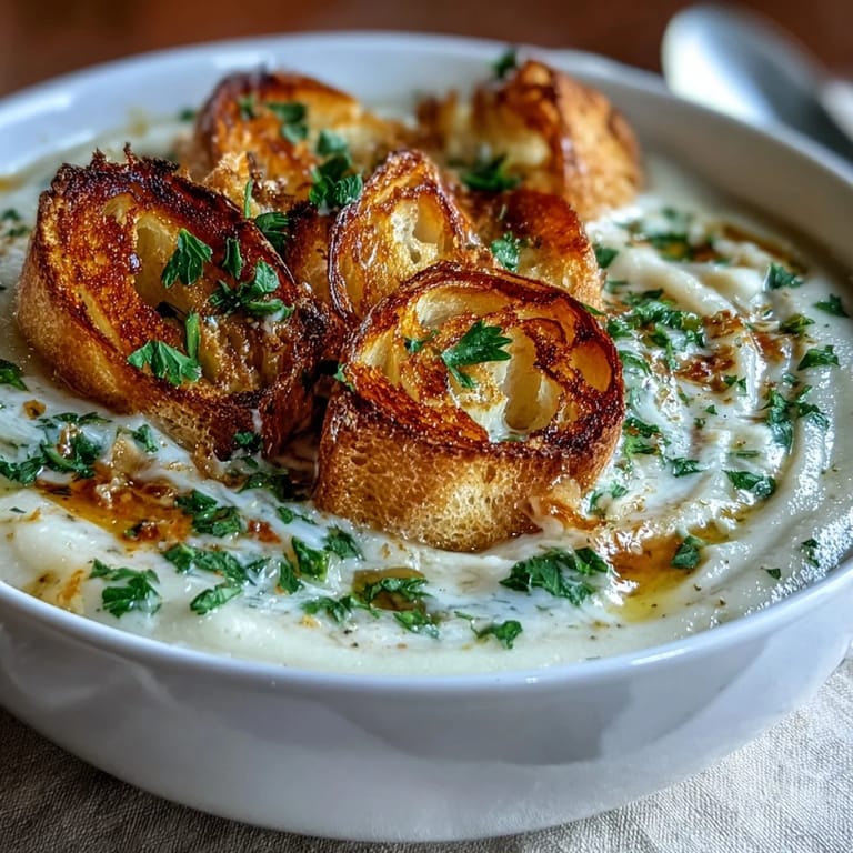 Roasted garlic soup in a white bowl, garnished with parsley and served with toasted bread.  