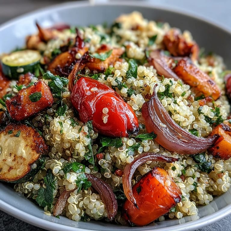 This fluffy Quinoa Vegetable Pilaf features golden roasted carrots and red onions, served warm as a hearty vegetarian main or flavorful side dish.