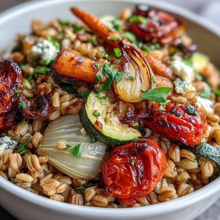 Hearty Farro With Roasted Vegetables tossed with fresh parsley and balsamic vinegar, ready to serve as a main dish.