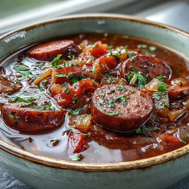 A slow cooker filled with Crock Pot BBQ Cocktail Sausage Soup featuring red peppers, onions, and glistening sauce.