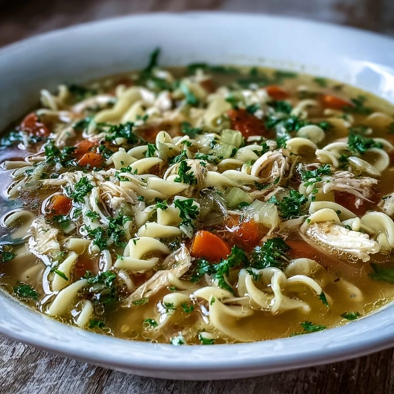 A close-up of a steaming bowl of Instant Pot Chicken Noodle Soup, garnished with fresh parsley, perfect for a cold day.