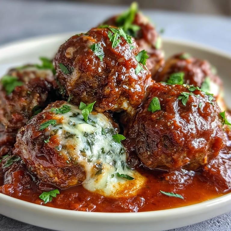 Bright serving platter of Cheesy, Garlicky Meatballs With Marinara garnished with fresh basil for an Italian dinner.