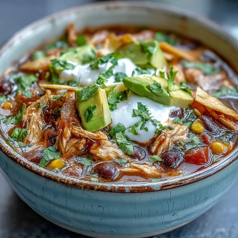 Instant Pot Chicken Tortilla Soup served with toppings, showing tender chicken, beans, corn, and peppers.