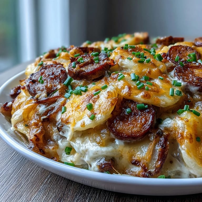 Hearty Crockpot Pierogi Casserole With Kielbasa served with fresh chives and a dollop of sour cream.