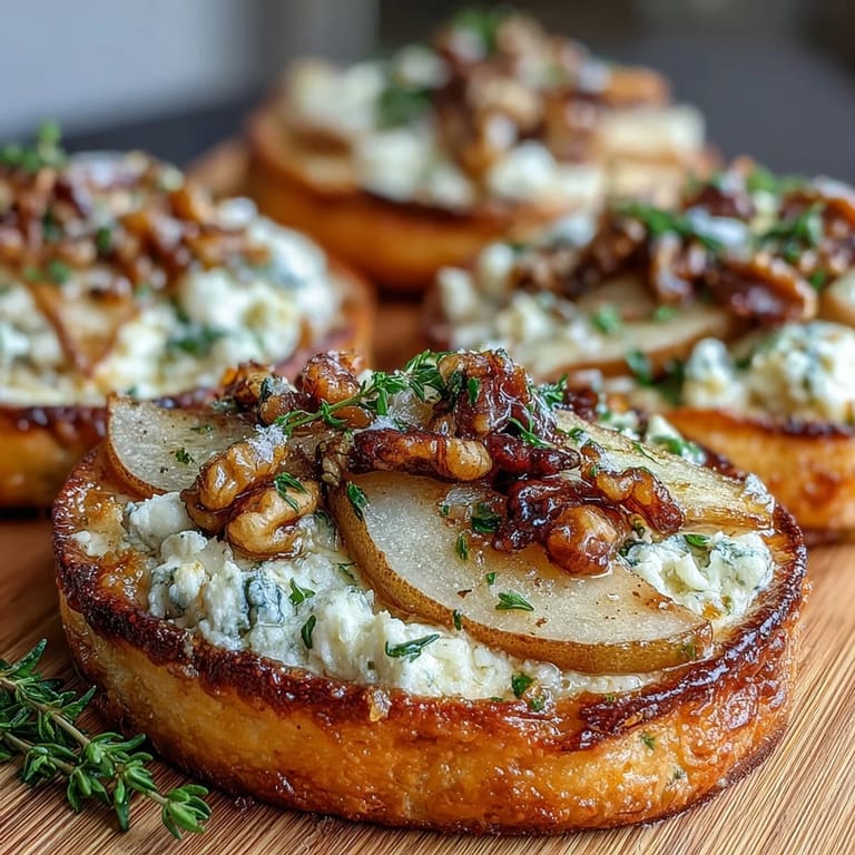 Pear, Gorgonzola, and Pickled Walnut Pizzettes served warm with a drizzle of honey and fresh arugula.