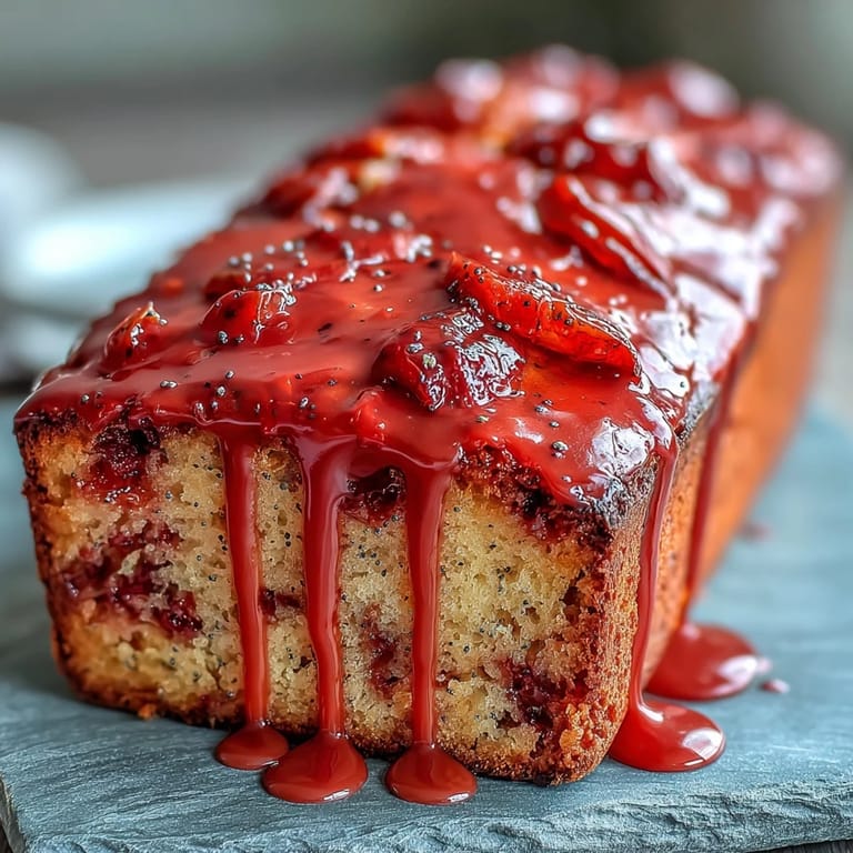 Close-up of the Blood Orange Loaf Cake with Poppy Seeds and Marzipan, highlighting ruby-red zest and poppy seeds.