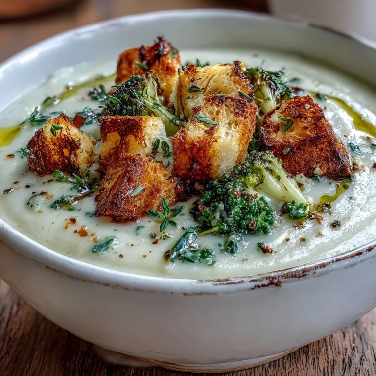 Vibrant green Cauliflower and Broccoli Soup garnished with fresh croutons and thyme.