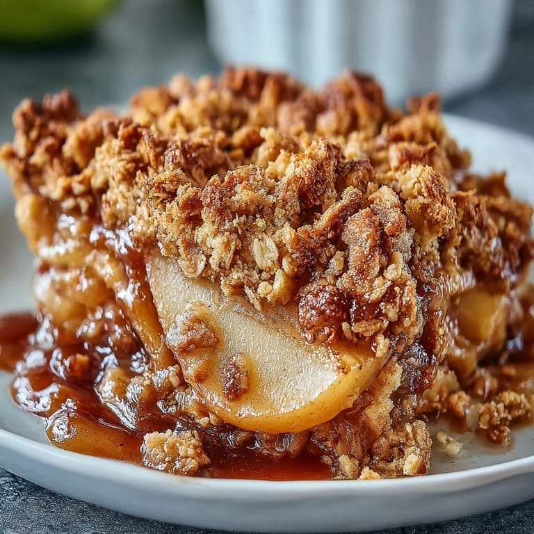 Warm Pear Crumble served in a rustic bowl with vanilla ice cream melting over the crunchy topping, cozy and sweet.
