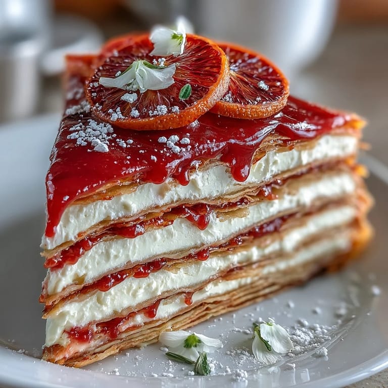 A plated slice of Blood Orange Curd Crêpe Cake highlights bright citrus curd, whipped cream, and delicate crêpe layers.