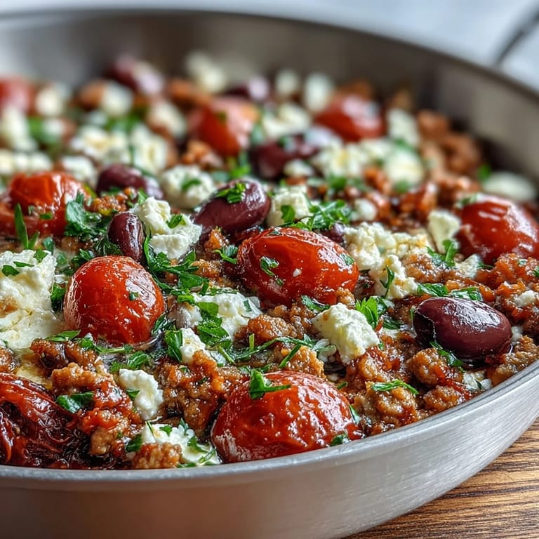 A bubbling skillet of Mediterranean Keto Ground Chicken Skillet with spinach, feta, and bright lemon garnish.