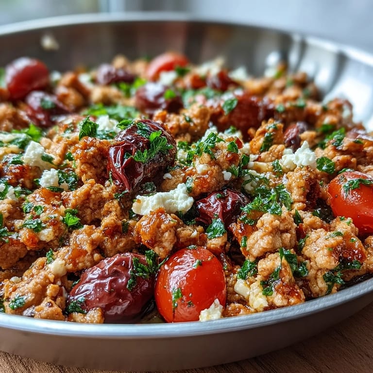Juicy ground chicken simmered with cherry tomatoes and olives in this Mediterranean Keto Ground Chicken Skillet.