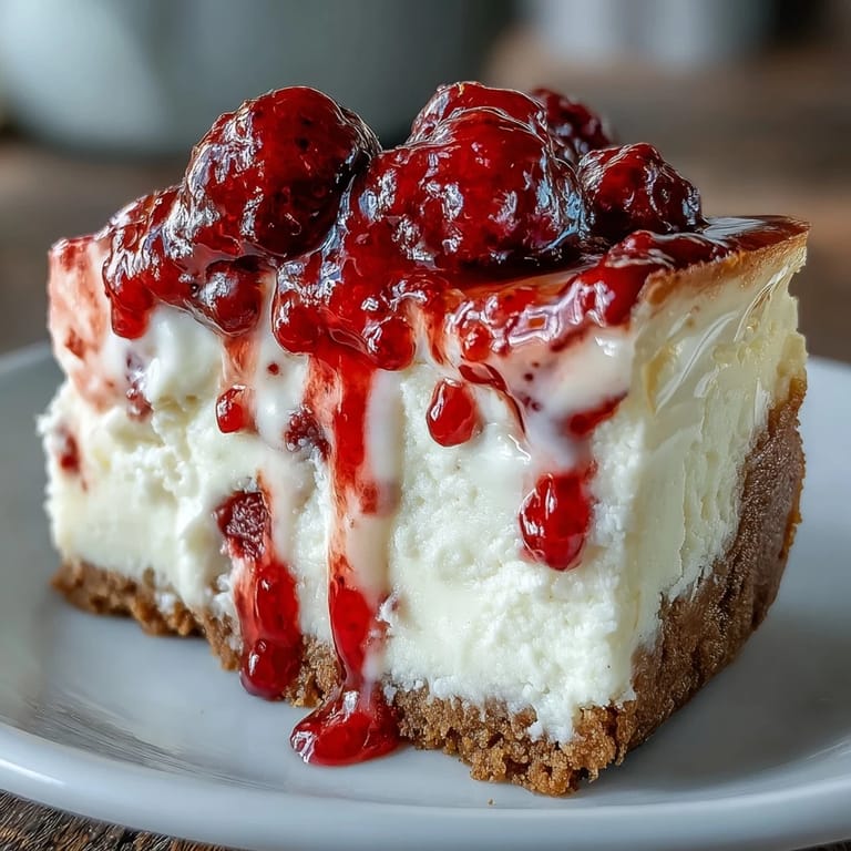 Fresh raspberry sauce swirled into dense White Chocolate Raspberry Cheesecake Bliss sits on a buttery graham cracker crust.