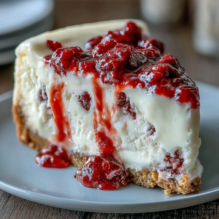 Decadent White Chocolate Raspberry Cheesecake Bliss garnished with fresh berries and a drizzle of sauce on a white plate.