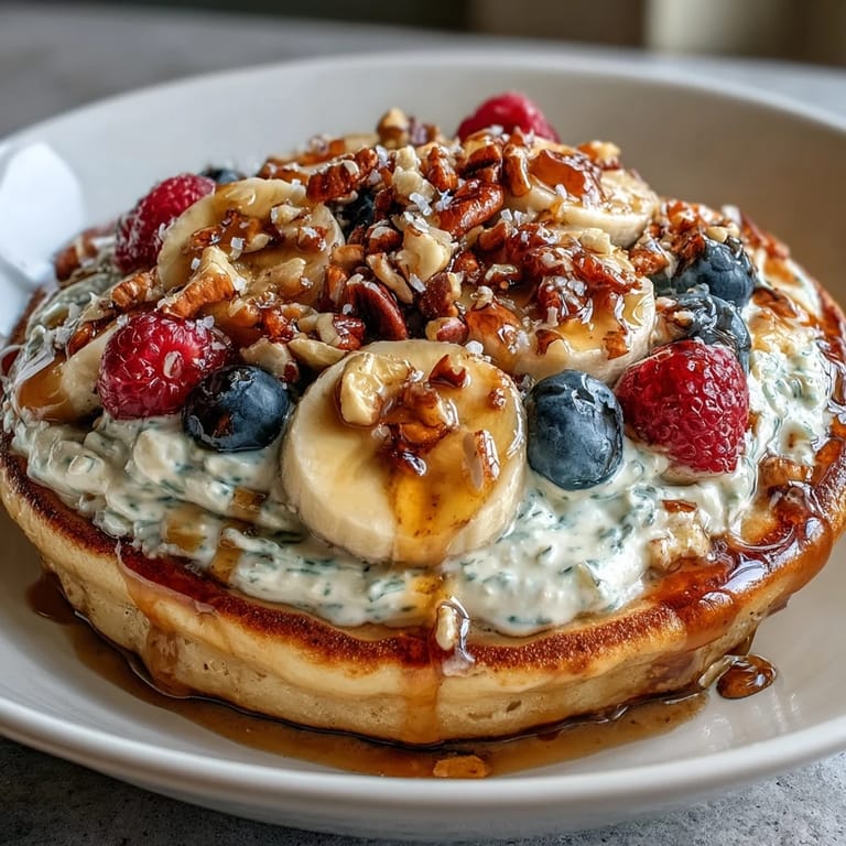 Close-up of a hearty Protein Pancake Bowl showing thick oat pancakes layered with yogurt, fruit, and granola, ready to be enjoyed.