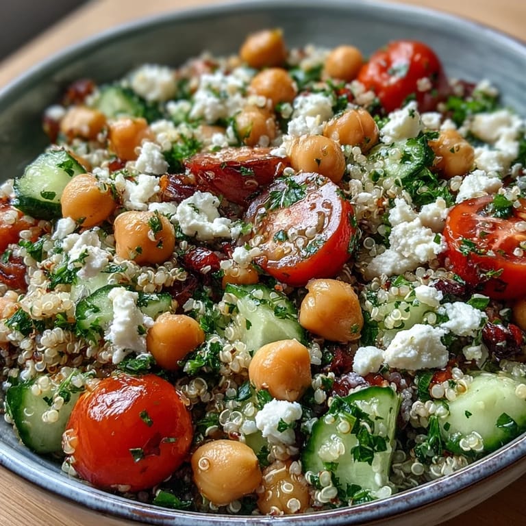 A vibrant bowl of High Protein Quinoa & Chickpea Salad, featuring fluffy quinoa, fresh herbs, and chickpeas, ready for a healthy lunch.
