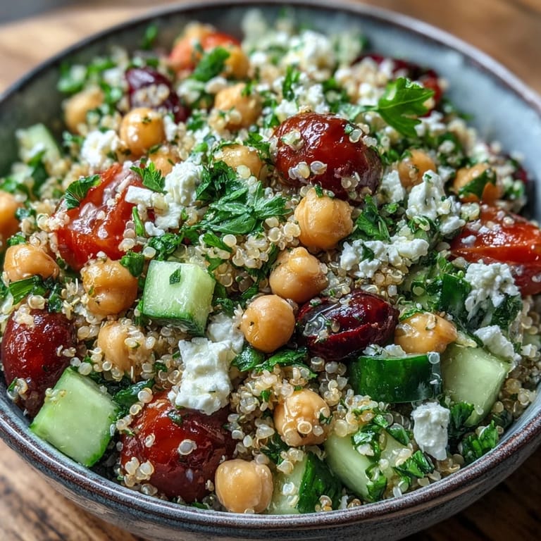 Overhead view of High Protein Quinoa & Chickpea Salad with chickpeas, feta, and fresh vegetables, drizzled with lemony dressing.