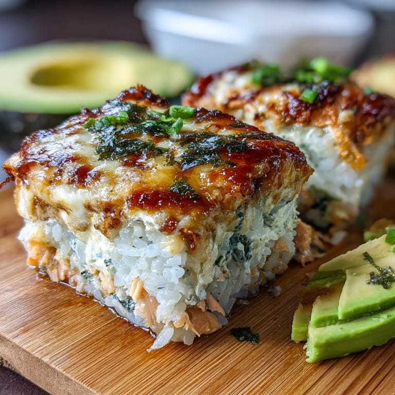 Golden-bubbled spicy salmon sushi bake with melted mozzarella, ready to serve on a wooden table with roasted seaweed snack sheets.