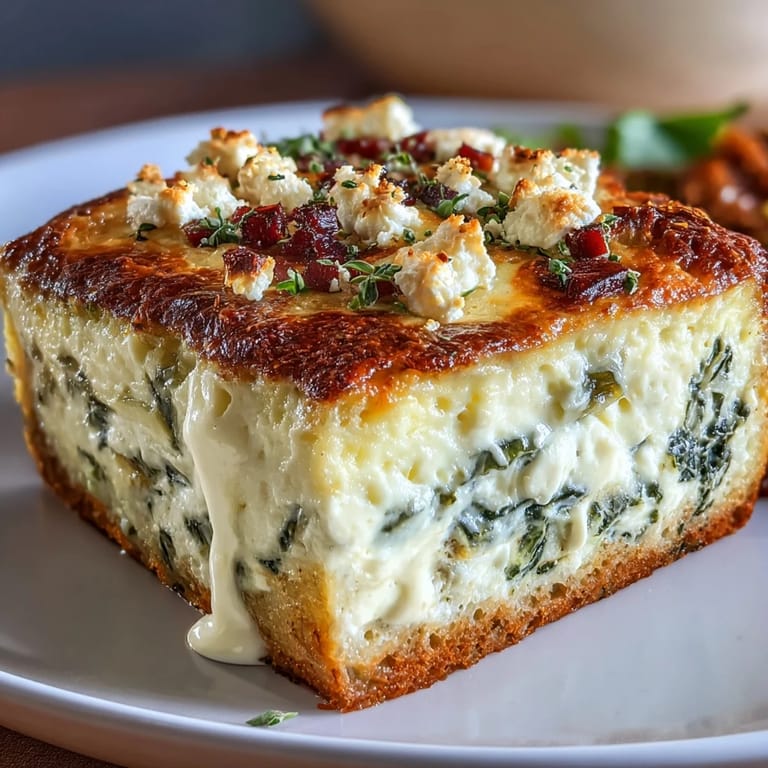 Topped with golden crust, this High Protein Spinach Artichoke Bake pairs well with a fresh green salad.