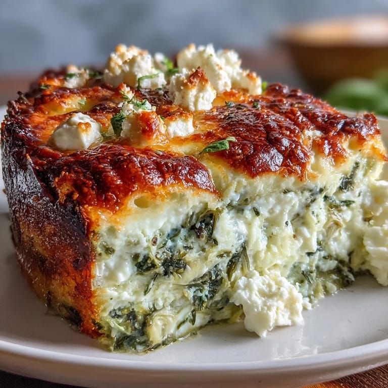 Sliced serving of High Protein Spinach Artichoke Bake reveals creamy spinach and artichoke layers in a casserole dish.