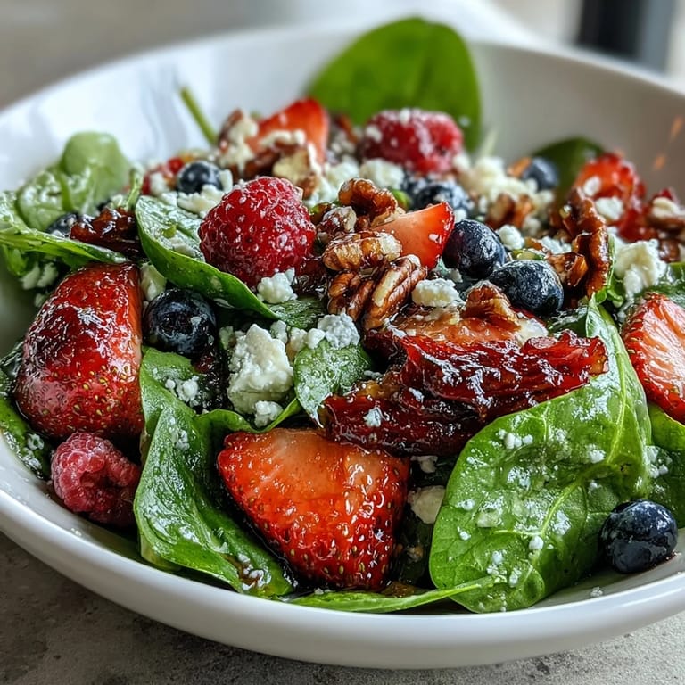 Toss this vibrant spinach and berry salad bowl with homemade vinaigrette for an easy light lunch or healthy side.
