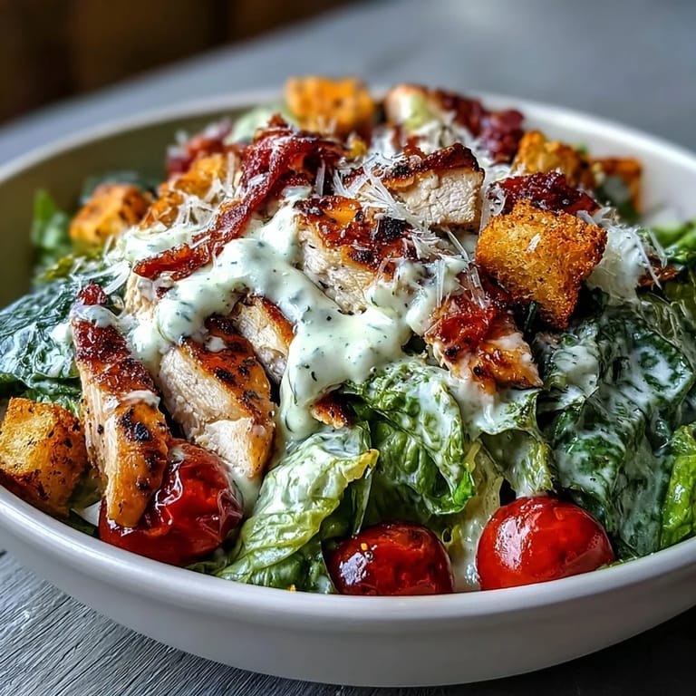 Overhead view of a Romaine Caesar Bowl topped with crunchy croutons, cherry tomatoes, and creamy dressing.  