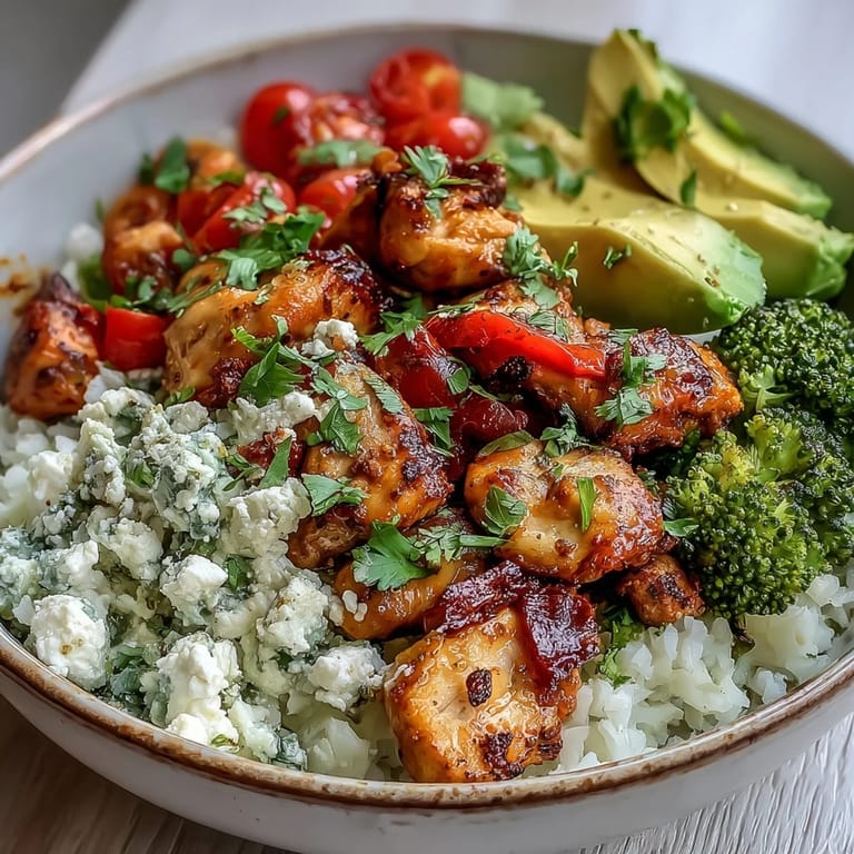 A close-up view shows a low-carb Cauliflower Rice Bowl with tender chicken, crisp broccoli, and creamy avocado slices, ready to be enjoyed as a healthy meal.