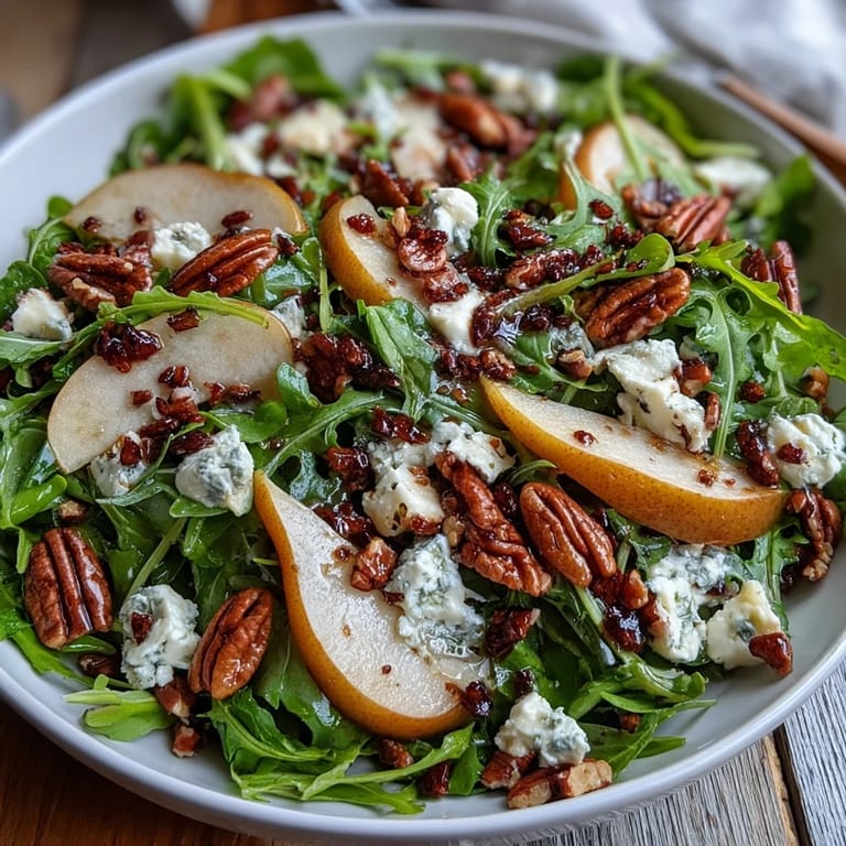 Arugula and pear bowl served as a light main, featuring juicy fruit, rich cheese, and a honey-Dijon vinaigrette.